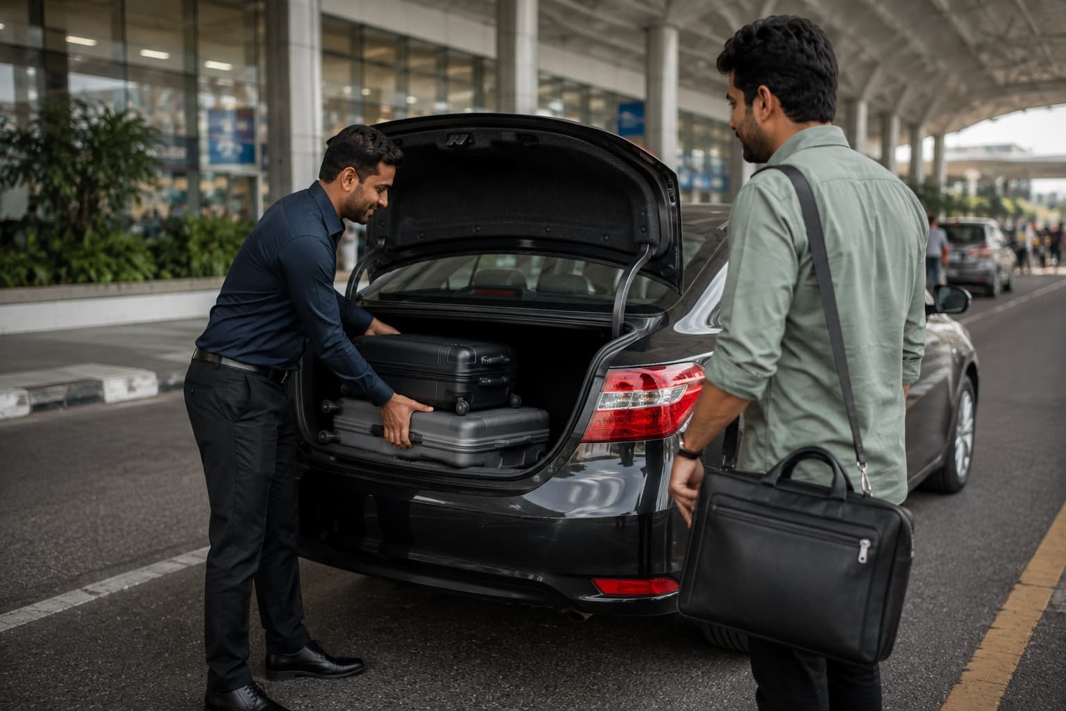 Car being loaded with luggage at airport departures for a drop off transfer