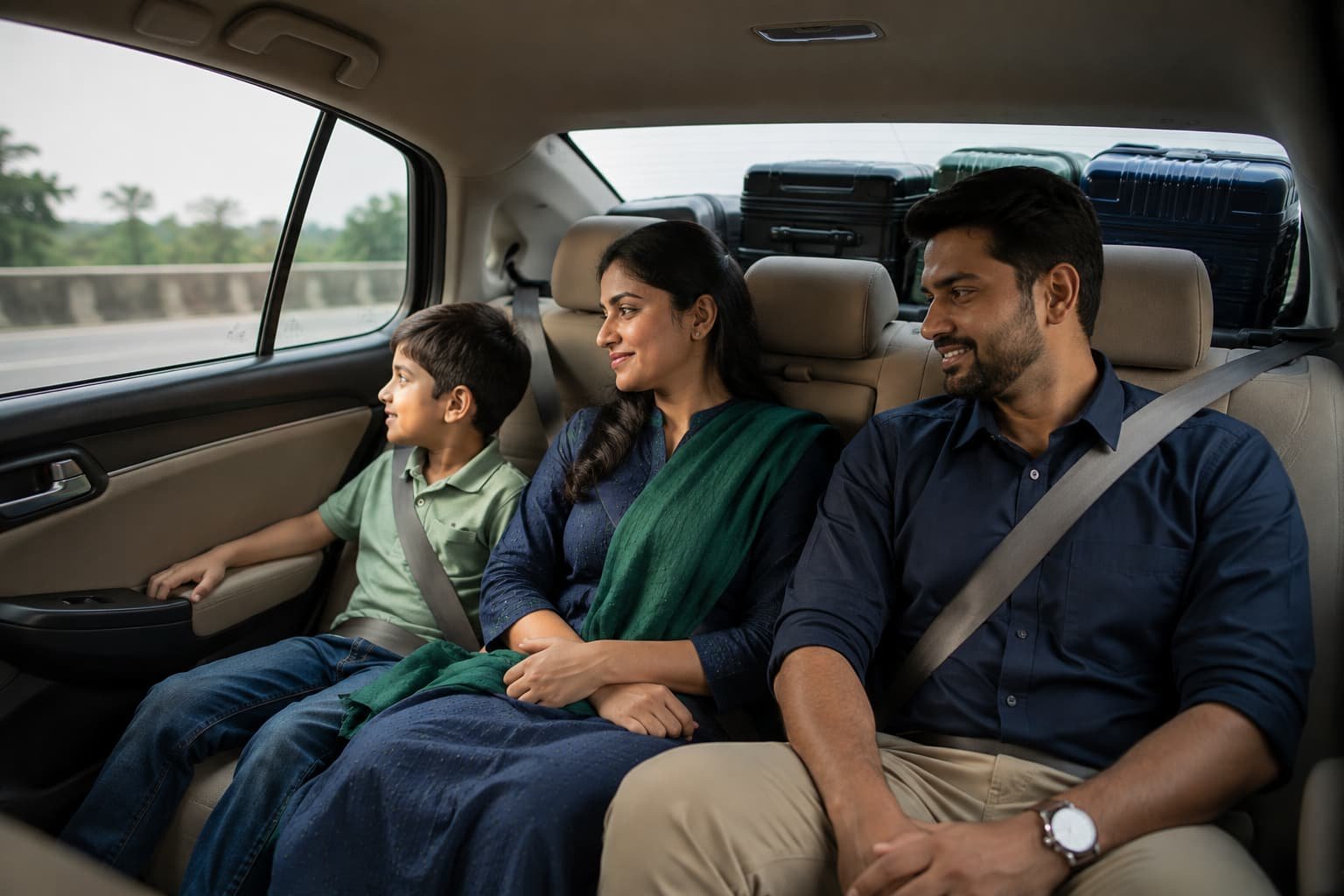 Family travelling in an air-conditioned airport transfer vehicle in Dhaka