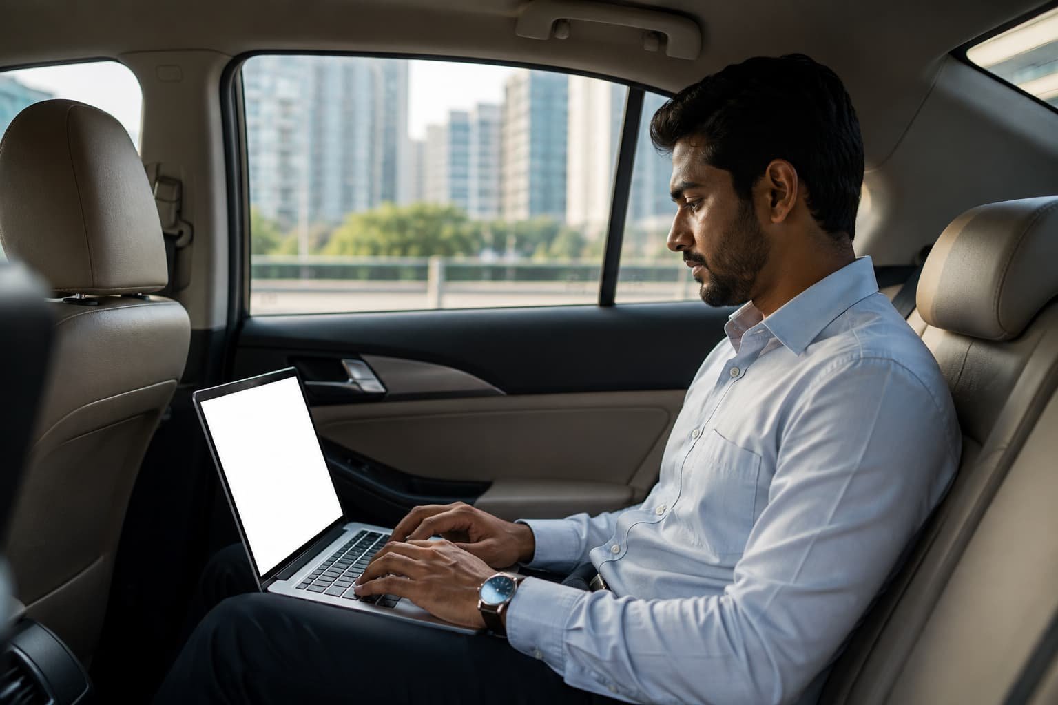 Business traveller working in the back of a chauffeur-driven car in Dhaka