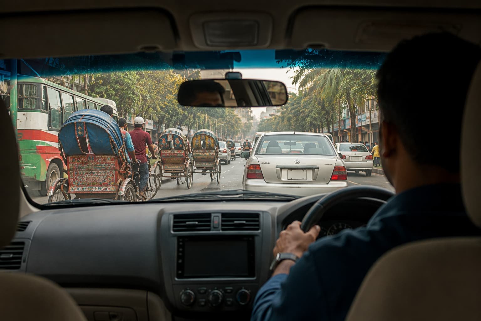 View of Dhaka traffic from inside a chauffeur-driven rental car