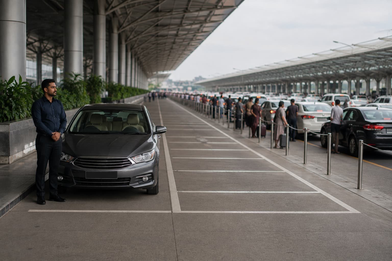 Pre-booked airport transfer compared with a busy taxi queue